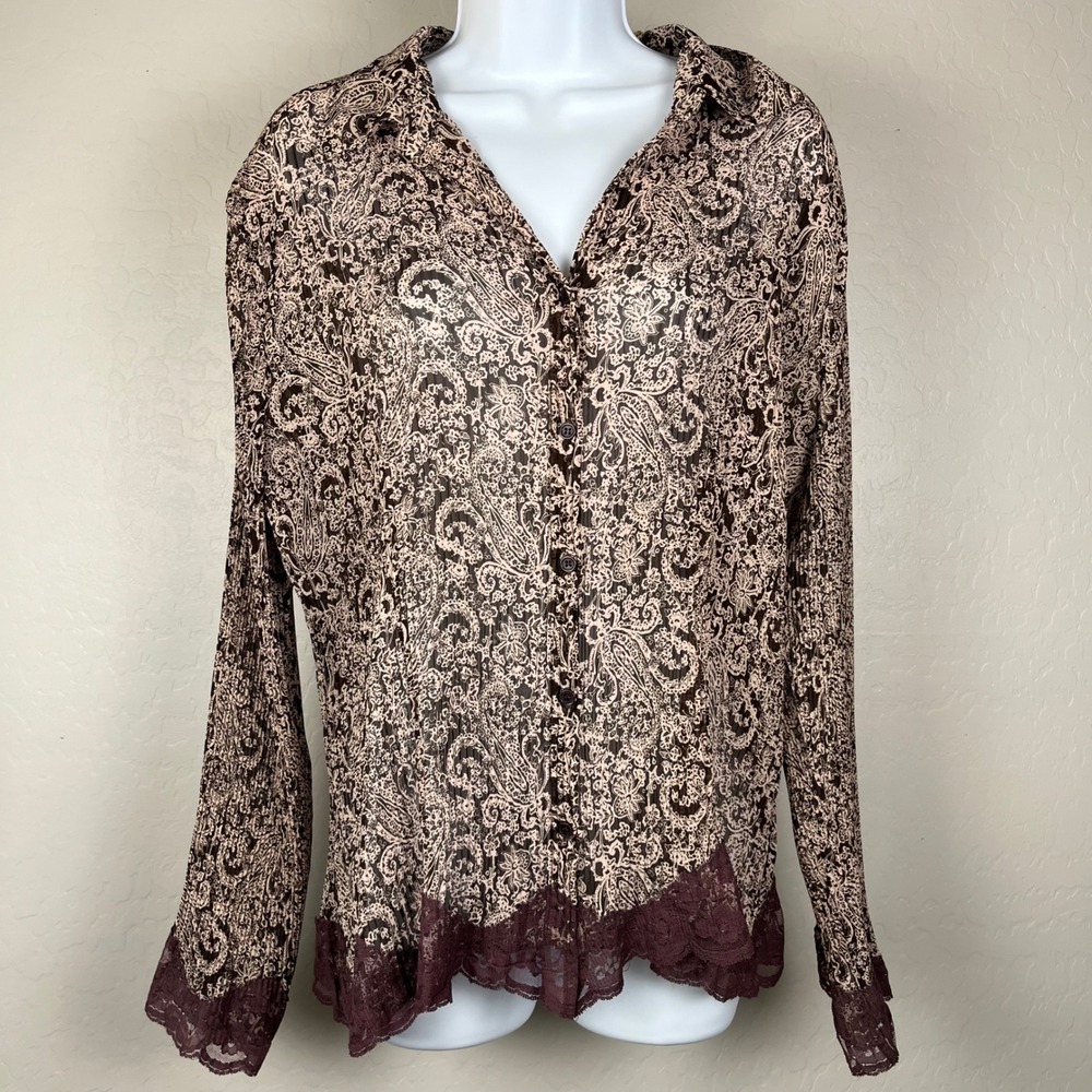 Apt. 9 Paisley Blouse Top Size L Brown‎ Beige Sheer Lace Trim Long Sleeve